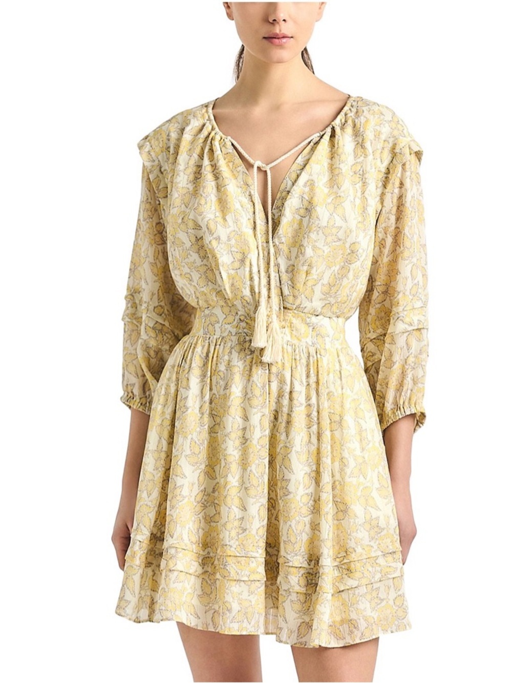 Derek Lam Yellow Floral Tie-Neck Mini Dress